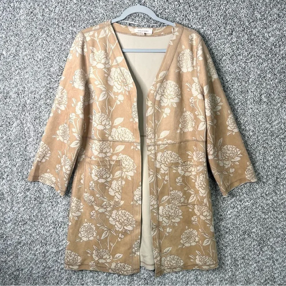 Solitaire Jacket Women's Medium Tan Rose Floral Print Open Front Lightweight